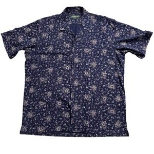 VTG Ambassador Navy Floral Print Button Up Short Sleeve Relaxed Fit Cotton‎ XL